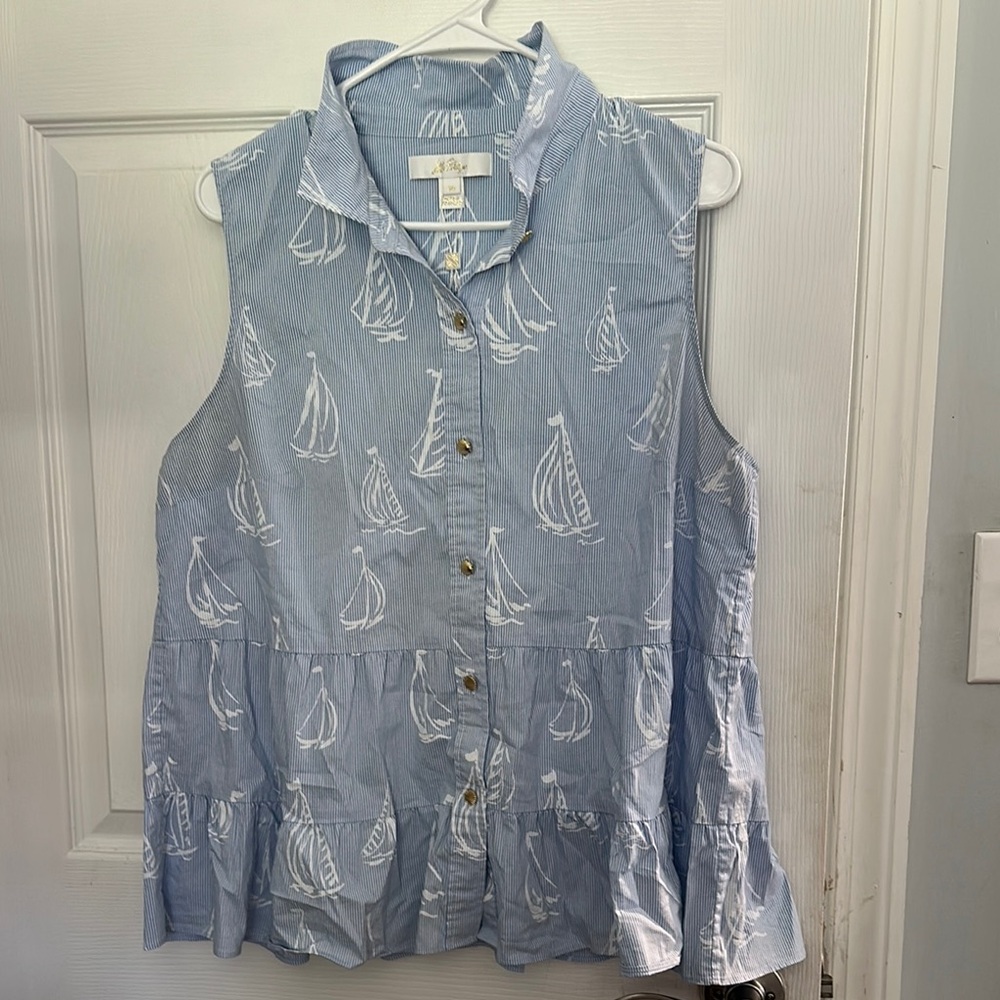 Lilly Pulitzer Blue Peplum Blouse with Peter Pan Collar